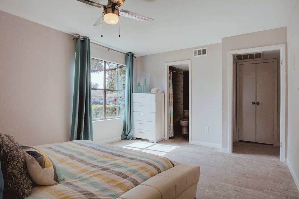 a bedroom with a bed and a closet and a ceiling fan