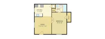 A floor plan of a small apartment with a kitchen, bathroom, living room, and bedroom.