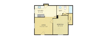 A floor plan of a small apartment with a living room, bedroom, kitchen, bathroom, and closet.
