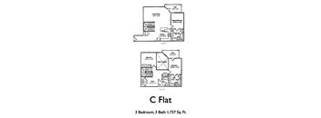 A diagram of a C-shaped floor plan for a 3 bedroom, 3 bath home.
