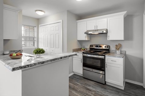 a kitchen with white cabinets and stainless steel appliances and a marble counter top