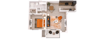 a 3D floor plan of a 1-bed/1-bath C