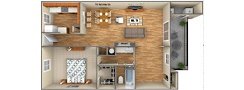 A 3D floor plan of a house showing a kitchen, living room, dining room, and bedrooms.
