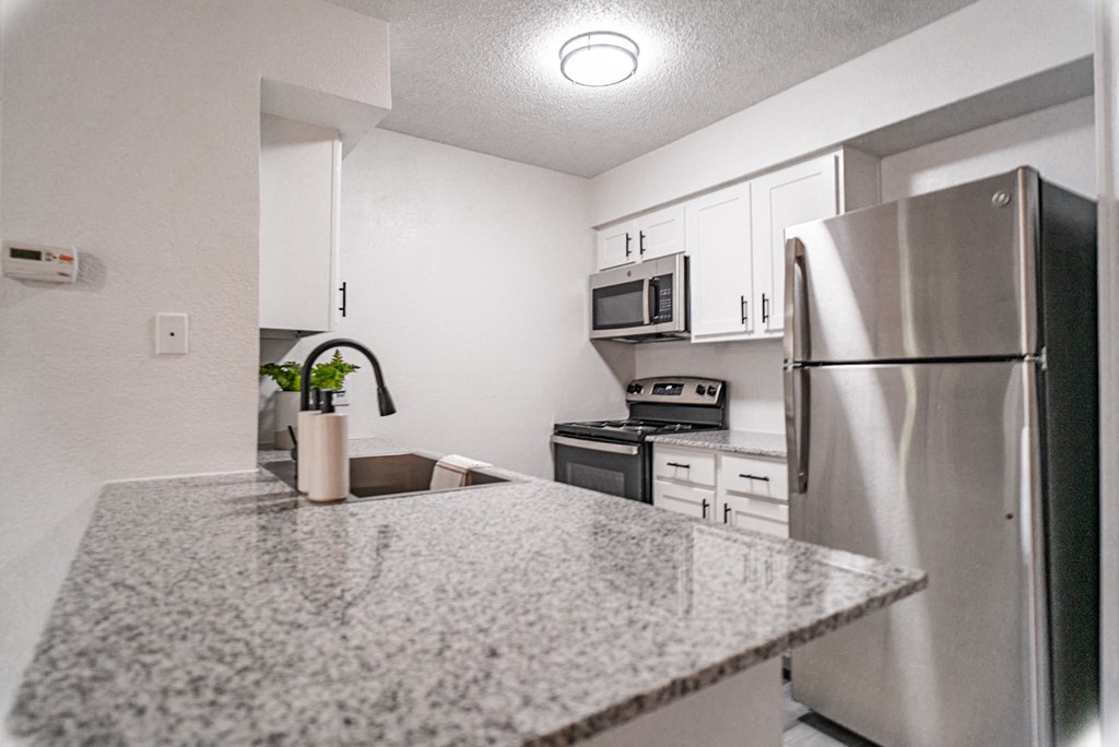 a kitchen with a granite counter top and stainless steel refrigerator