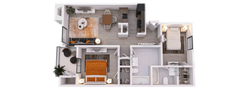 a 3D floor plan of a 2-bed/2-bath D
