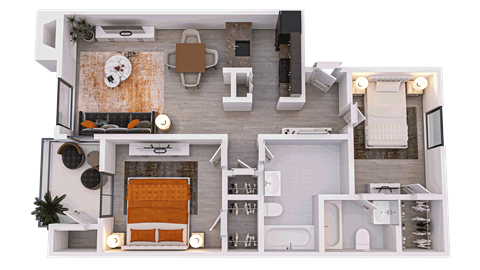 a 3D floor plan of a 2-bed/2-bath D
