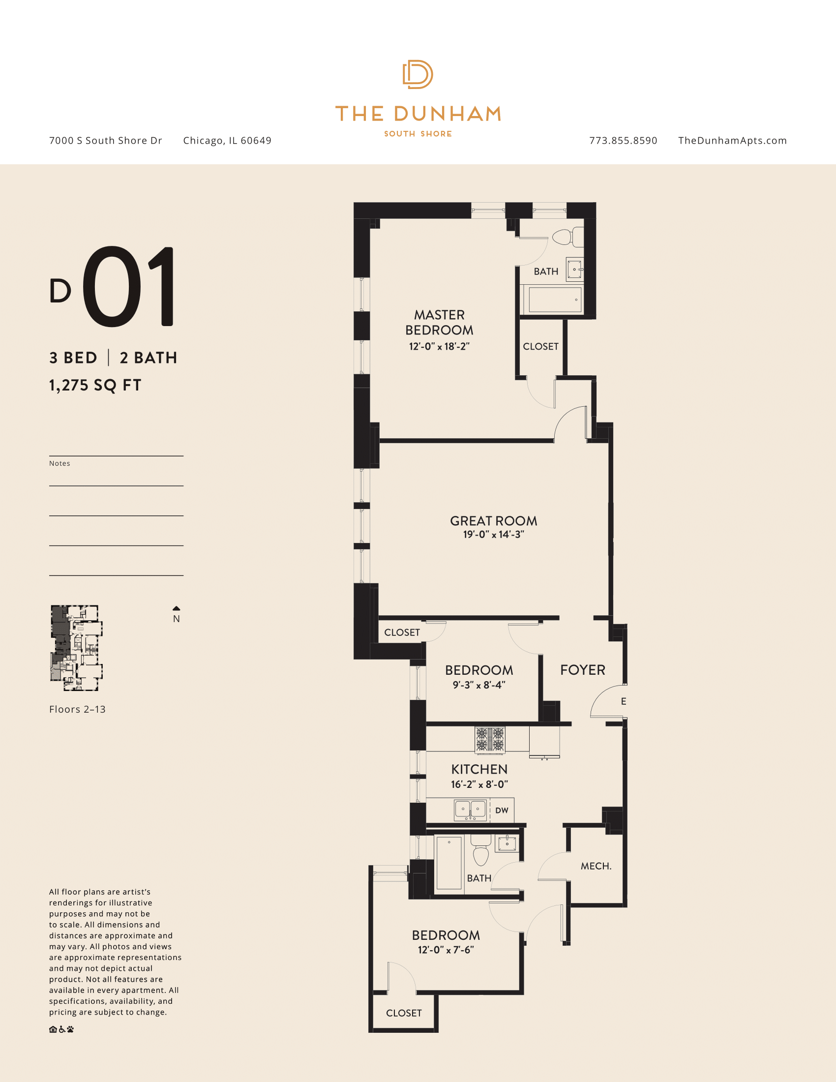 D01 Floor Plan at The Dunham, Chicago, IL, 60649