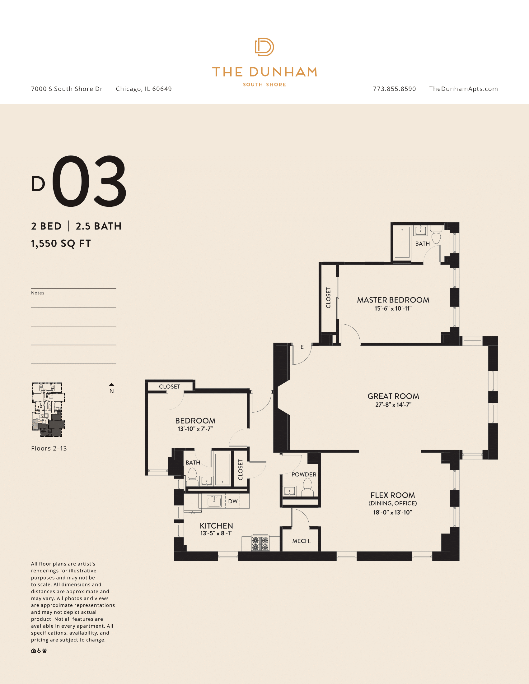 D03 Floor Plan at The Dunham, Chicago, 60649