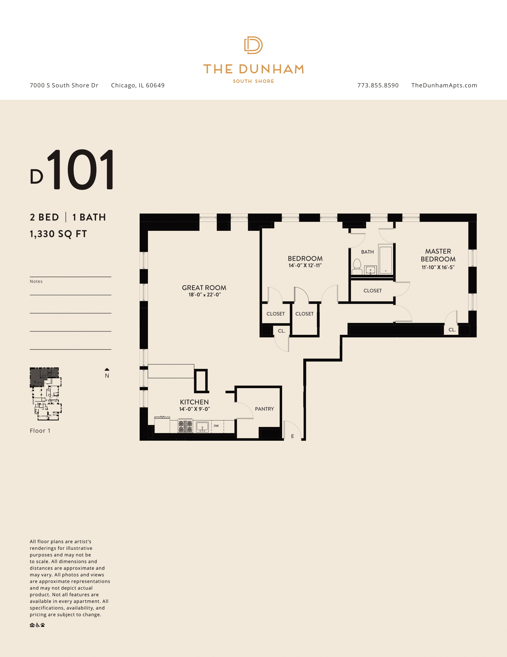 D101 Floor Plan at The Dunham, Chicago, Illinois