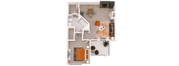 a 3D floor plan 1-bed/1-bath E
