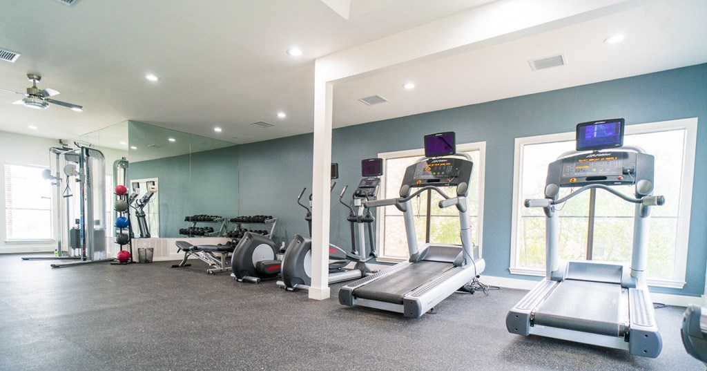 the gym is equipped with treadmills and other fitness equipment