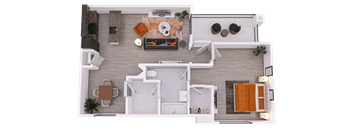 a 3D floor plan of a 1-bed/1-bath F