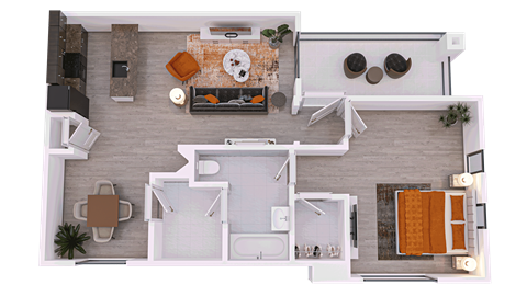 a 3D floor plan of a 1-bed/1-bath F