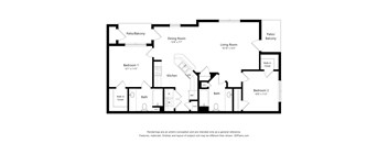 A black and white image of a house plan with a living room, dining room, kitchen, two bathrooms, and two bedrooms.