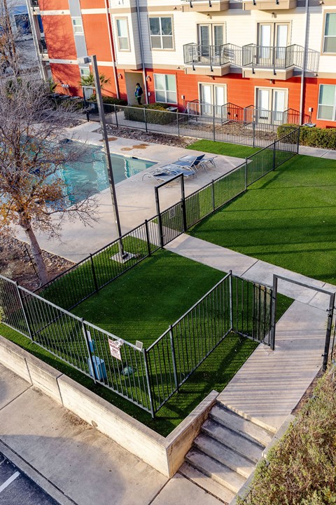 A small green area surrounded by a fence.