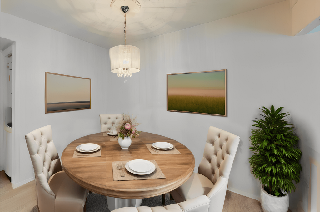 a dining room with a wooden table and chairs