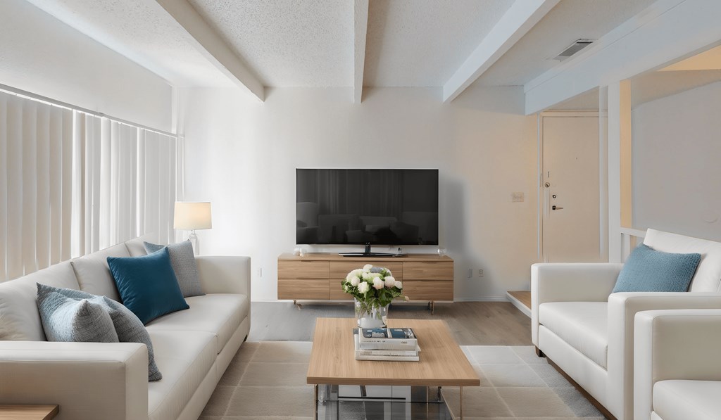 a living room with couches and a coffee table and a television