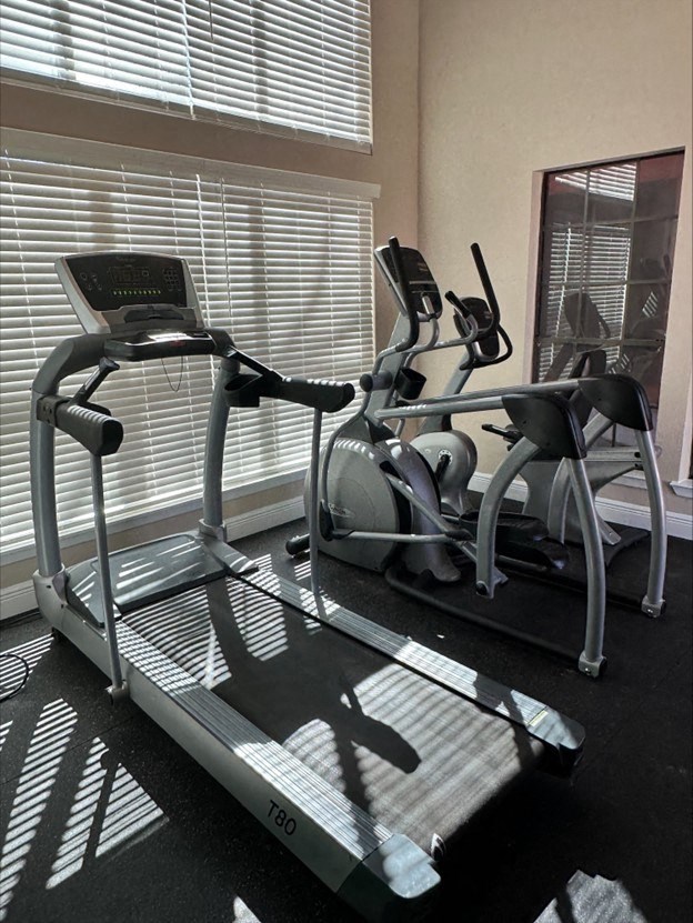 the gym is equipped with a treadmill and weights