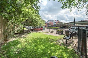 a park with a bench in the grass
