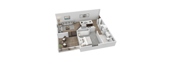 A 3D rendered image of a modern apartment layout.