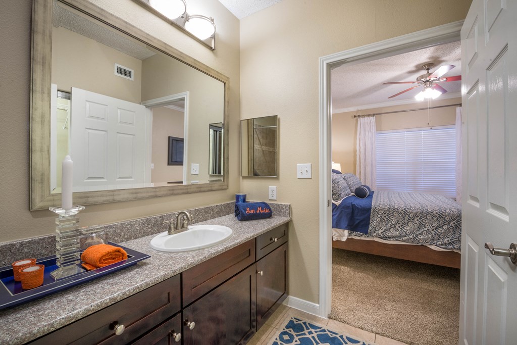 a bathroom with a sink and a mirror and a bedroom