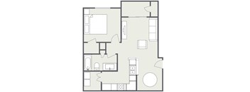 A floor plan of a house with a kitchen, living room, and two bedrooms.