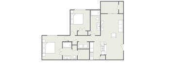 A floor plan of a house with a kitchen, living room, and two bedrooms.