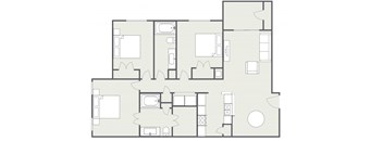A floor plan of a house with a kitchen, living room, dining room, and two bedrooms.