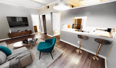 A modern living room with a blue chair and a grey couch.