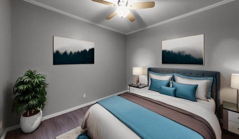 a bedroom with a bed and a ceiling fan