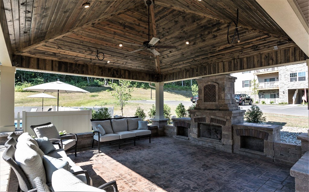 Outdoor patio with fireplace