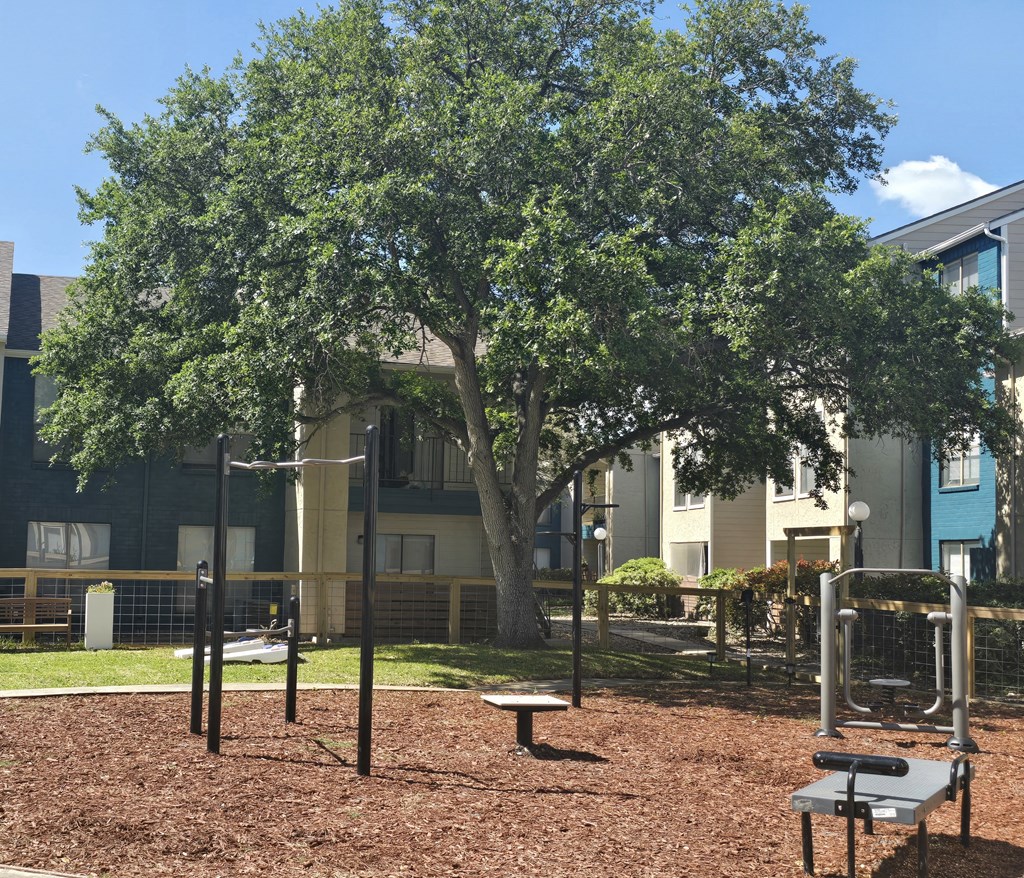 a playground with a tree in front of an apartment building