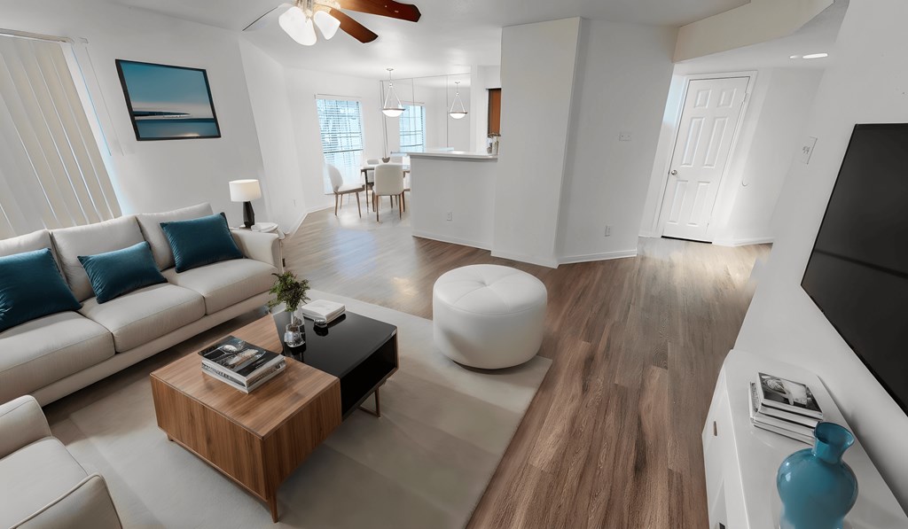 a living room with a couch and a coffee table