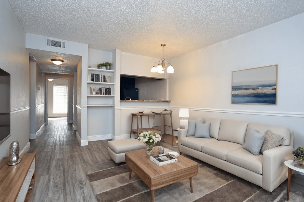 a living room with a couch and a coffee table