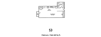A floor plan for a one bedroom, one bath apartment.