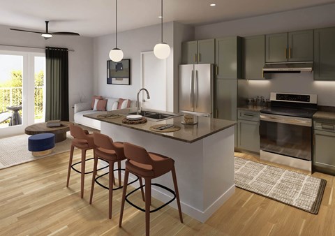 A modern kitchen with a bar area and stools.