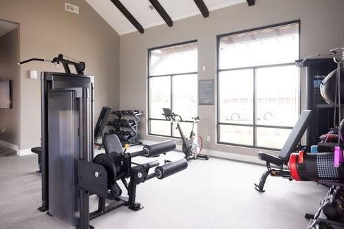 A gym with a variety of equipment including a squat rack, a leg press machine, and a rowing machine at Lockhart Farms Apartments, Texas, 78644