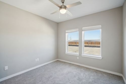 A room with a ceiling fan and two windows at Lockhart Farms Apartments, Texas, 78644