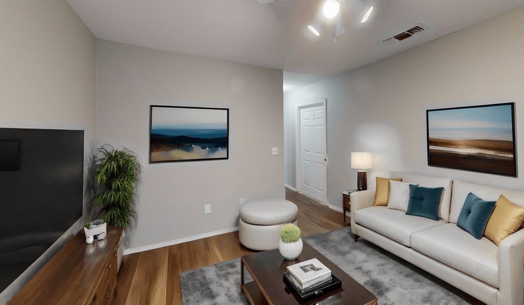 a living room with a couch and a coffee table