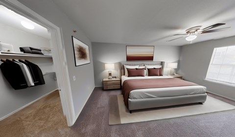 rendering of a bedroom with a bed and closet