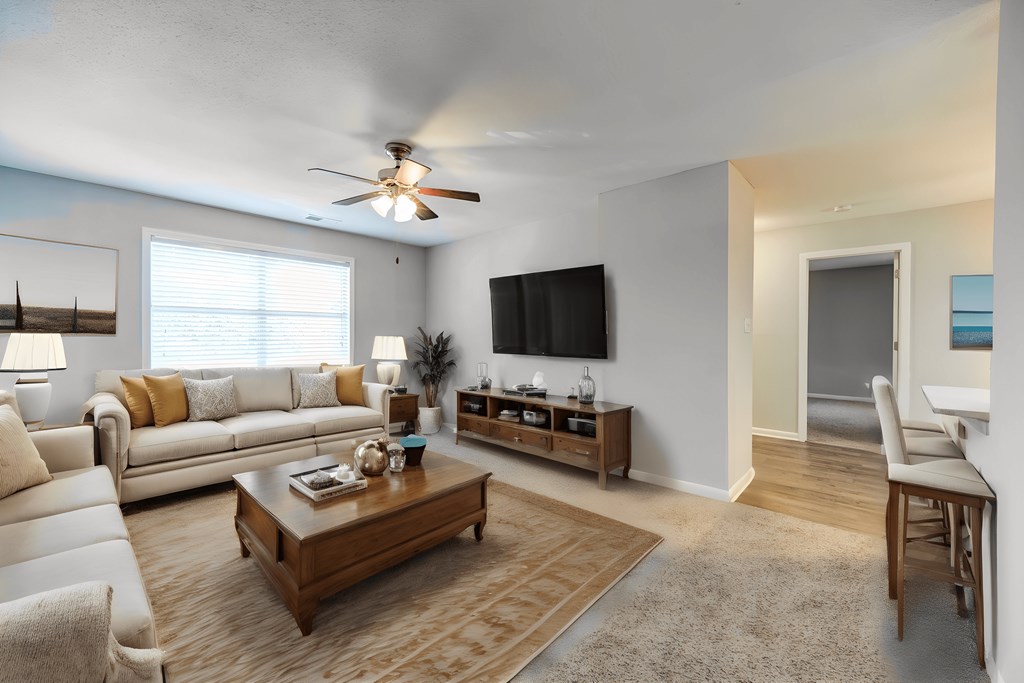 a living room with a couch and a coffee table