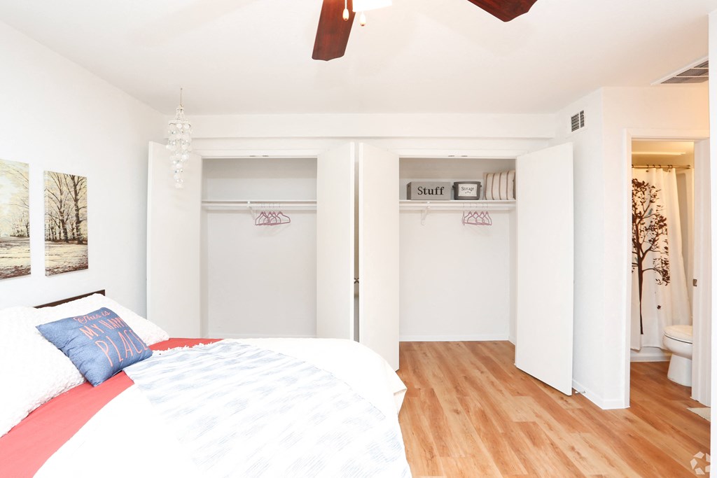 a bedroom with a bed and two closets and a bathroom