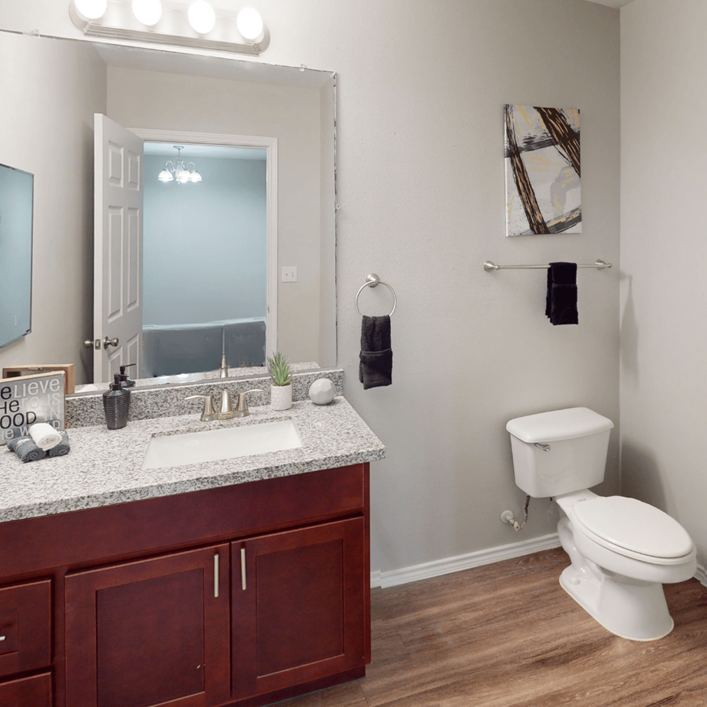 Bathroom with toilet, sink and mirror