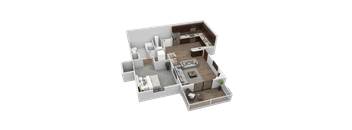 A 3D floor plan of a house with a living room, kitchen, and two bedrooms.