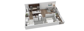 A 3D rendered image of a modern apartment layout.