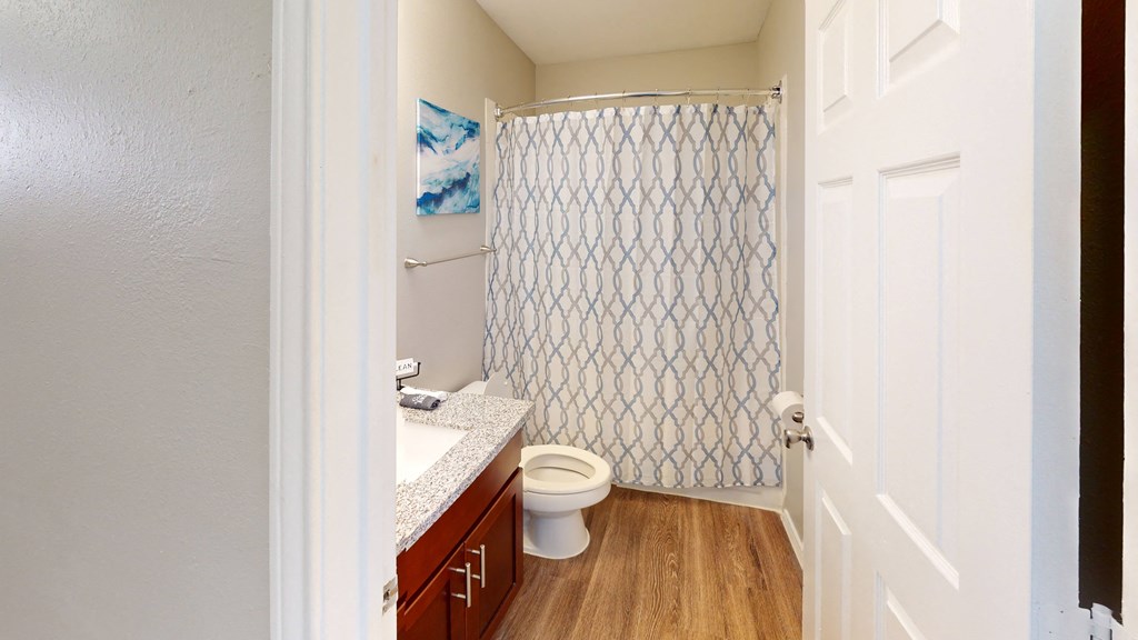 a bathroom with a shower and a toilet and a sink