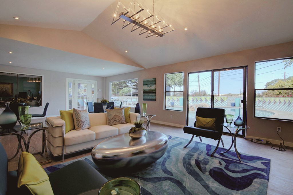 a living room with a couch and a table