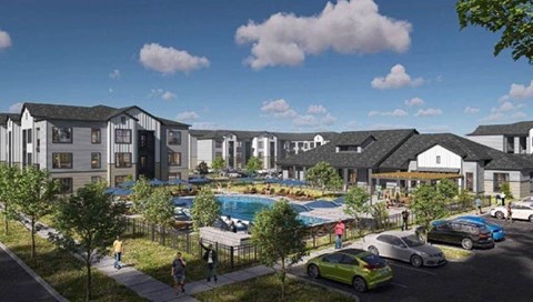 A sunny day at a residential complex with people walking and cars parked.