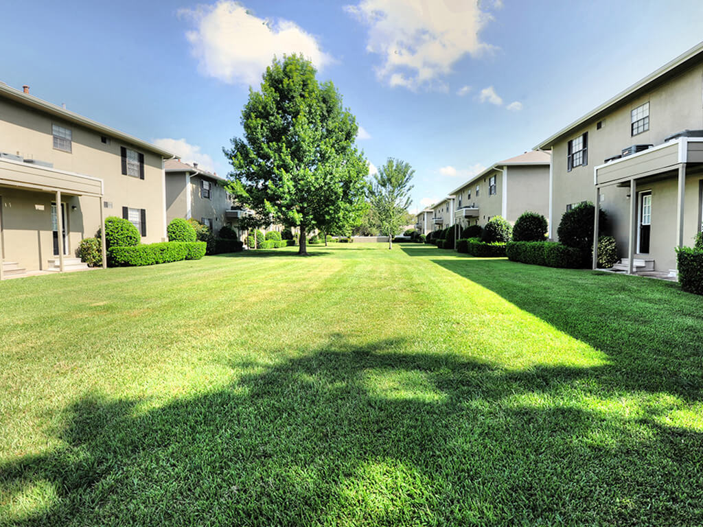 Grass courtyard between buildings at Waters Mark Apartment Homes, Gulfport, Mississippi