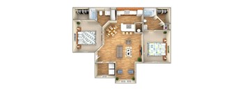 A top-down view of a house layout with a kitchen, living room, and bedrooms.